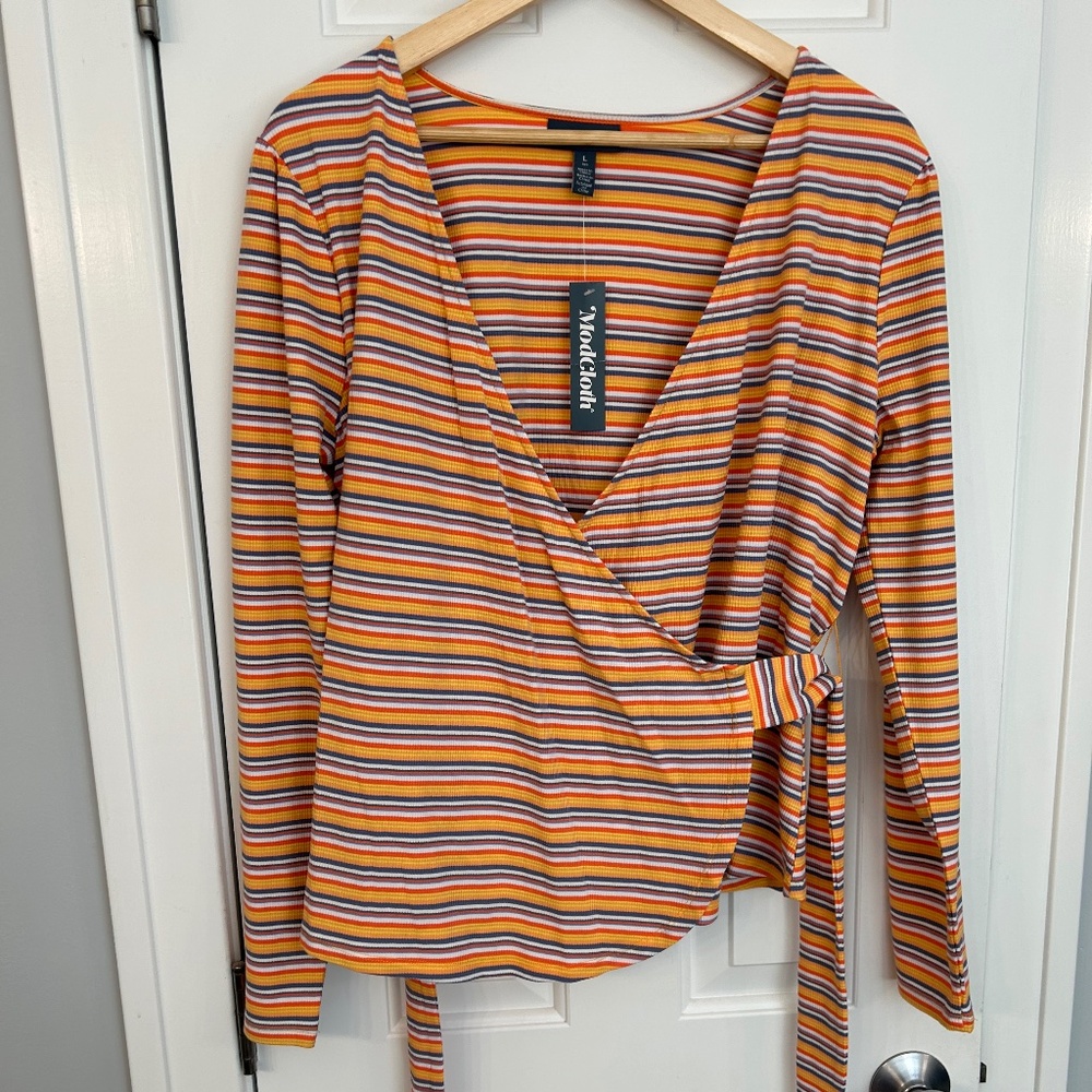 Modcloth multicolor stripe wrap top, NTW, never worn, size L